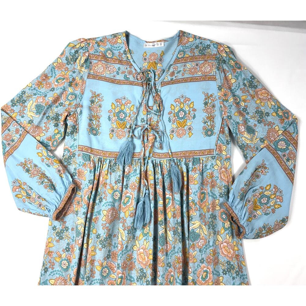 R.Vivimos turquoise and peach Sz 6 floral boho long-sleeve midi dress - Picture 5 of 12